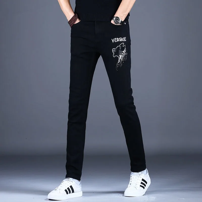 

High Quality Men’s Classic Style Stretch Black Denim Pants,Fashion Wolf Print Decors Slim Jeans,Street Fashion Sexy Pants;