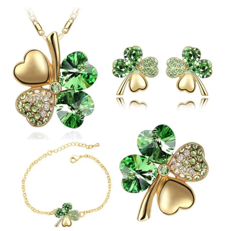 Bridal Jewelry Sets Crystal Clover 4 Leaf Heart Necklace Earrings Bracelet Brooch Charm