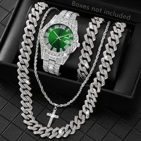 4pcs Men's Casual Quartz Watch Alloy Strap With Date Silver And Alloy Rhinestone Cuban Chain Bracelet Necklace And Alloy Cross P 1