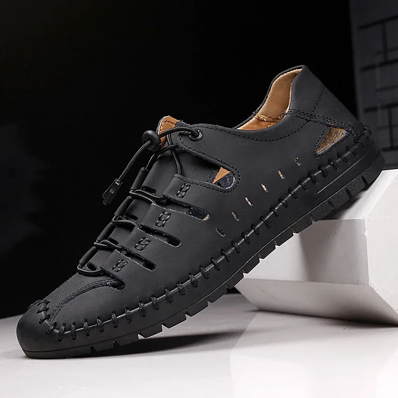 남성용 야외 미끄럼 방지 비치 샌들, 수제 천연 가죽 신발, 패션 스니커즈, 핫 세일, 여름