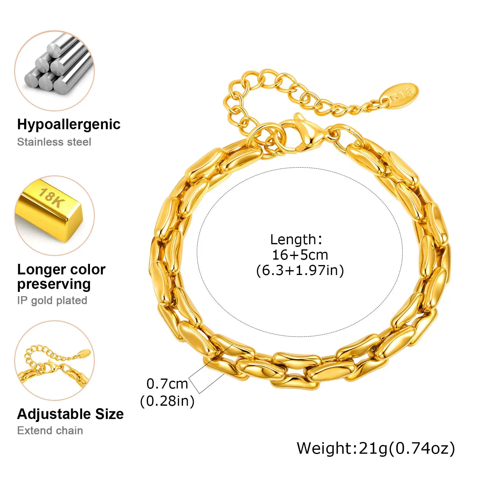 Minimalistisches klobiges Kettenarmband aus Edelstahl, goldfarbenes stapelbares dickes Kettenarmband, wasserdichter Partyschmuck für Frauen – Detail 9