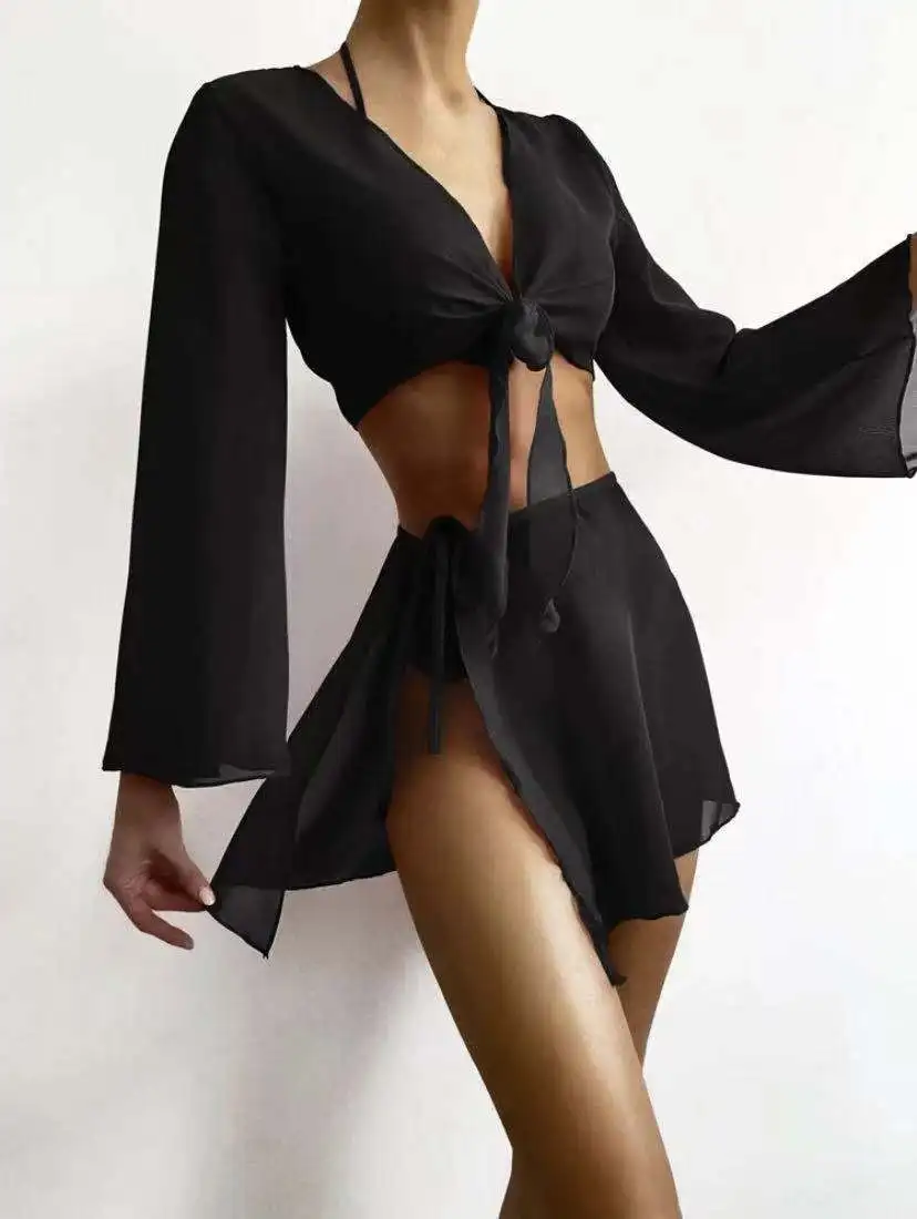 4pcs/set Solid Halter Bikini Swimsuit Cover Top With Skirt Set Women Swimwear 2023 Summer Beach Bathing Suit