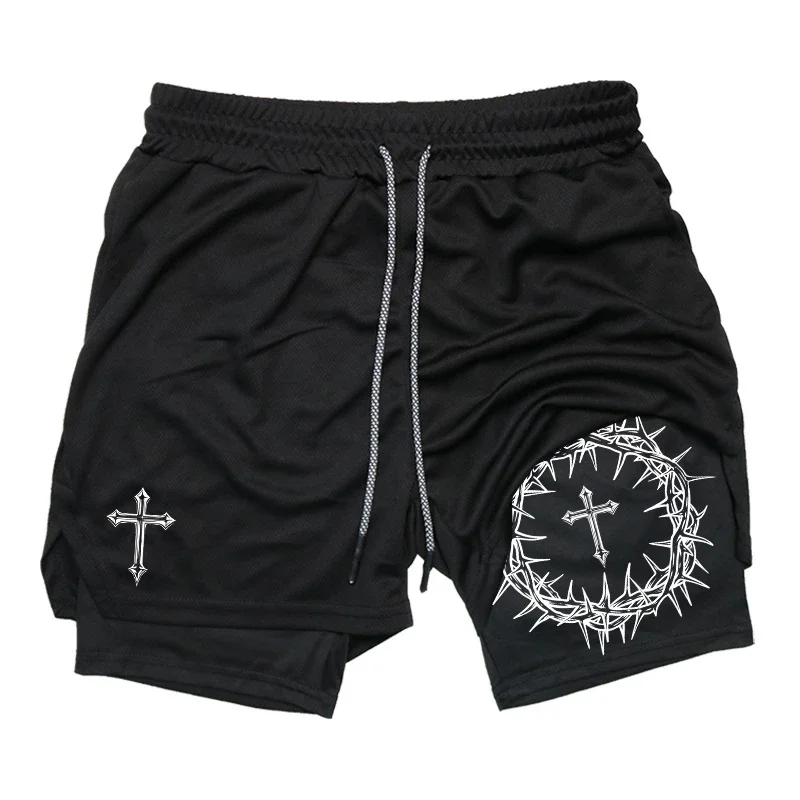 Cross Print 2 in 1 Workout Running Shorts for Men Christian Gym Performance Shorts with Phone Pocket Towel Loop Athletic Outfits 2
