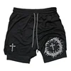Cross Print 2 in 1 Workout Running Shorts for Men Christian Gym Performance Shorts with Phone Pocket Towel Loop Athletic Outfits 2