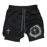 Cross Print 2 in 1 Workout Running Shorts for Men Christian Gym Performance Shorts with Phone Pocket Towel Loop Athletic Outfits 2