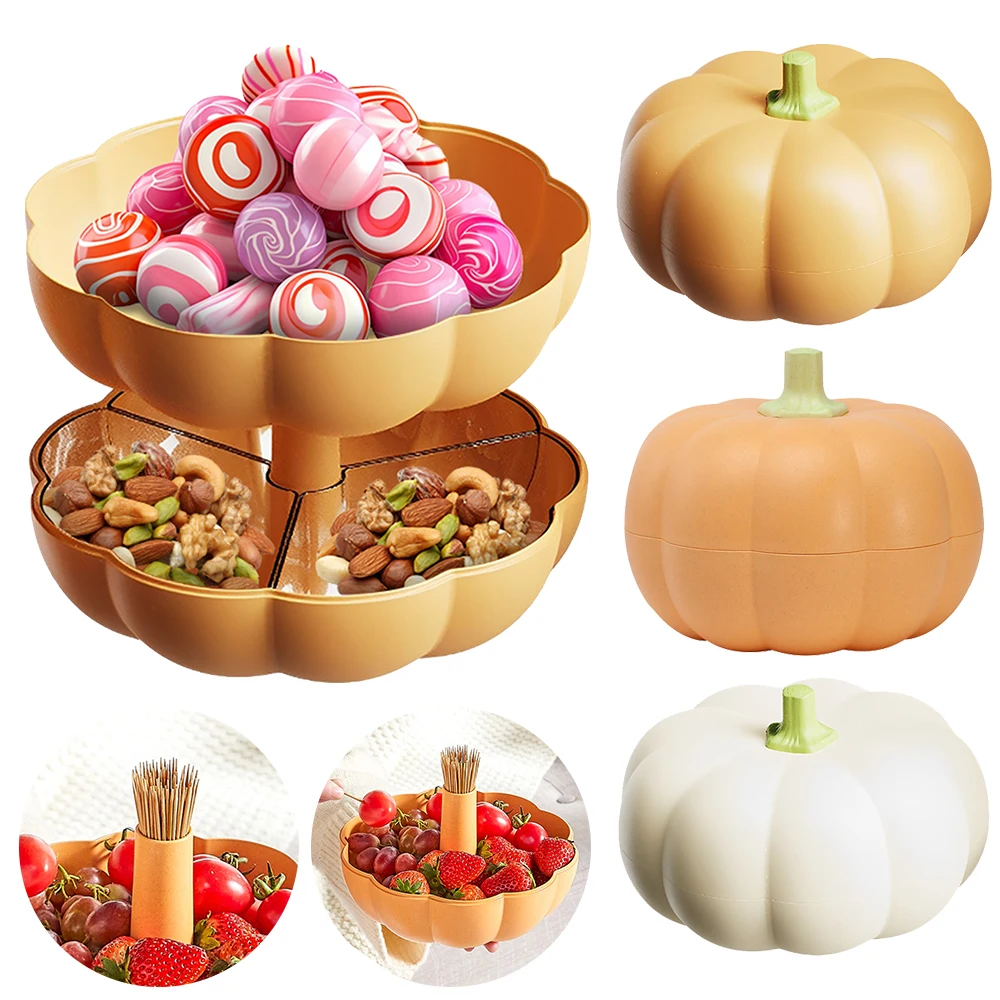 Halloween Double Pumpkin Snack Holder With Toothpick Storage Tray 3 Cell Pumpkin Snack Bowl Food Serving Stand Party Decoration