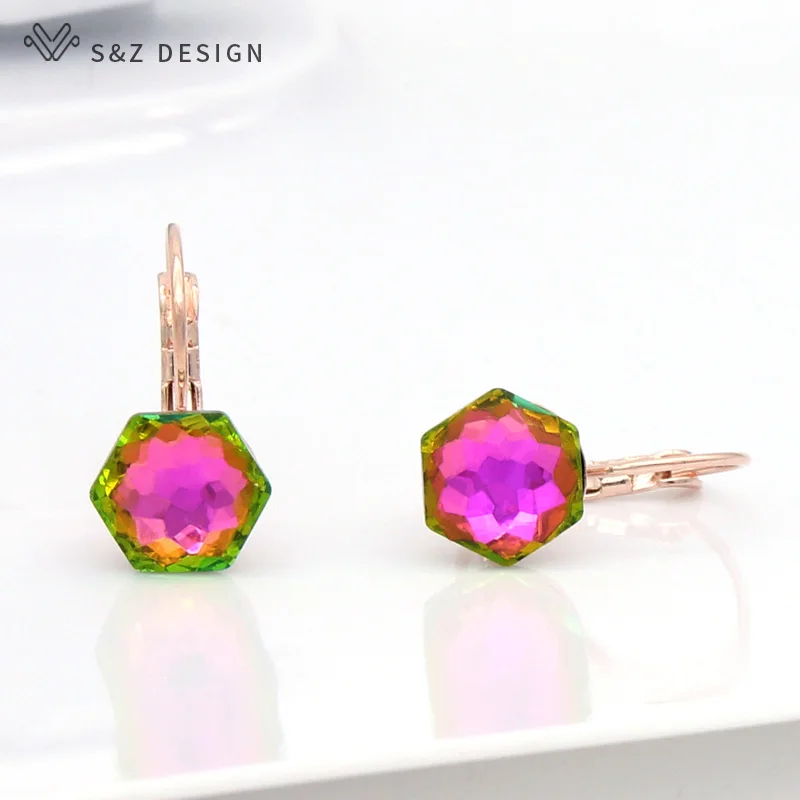 S&Z DESIGN New Fashion Hexagon Crystal Dangle Earrings For Women Wedding Jewelry 585 Rose Gold Color Eardrop
