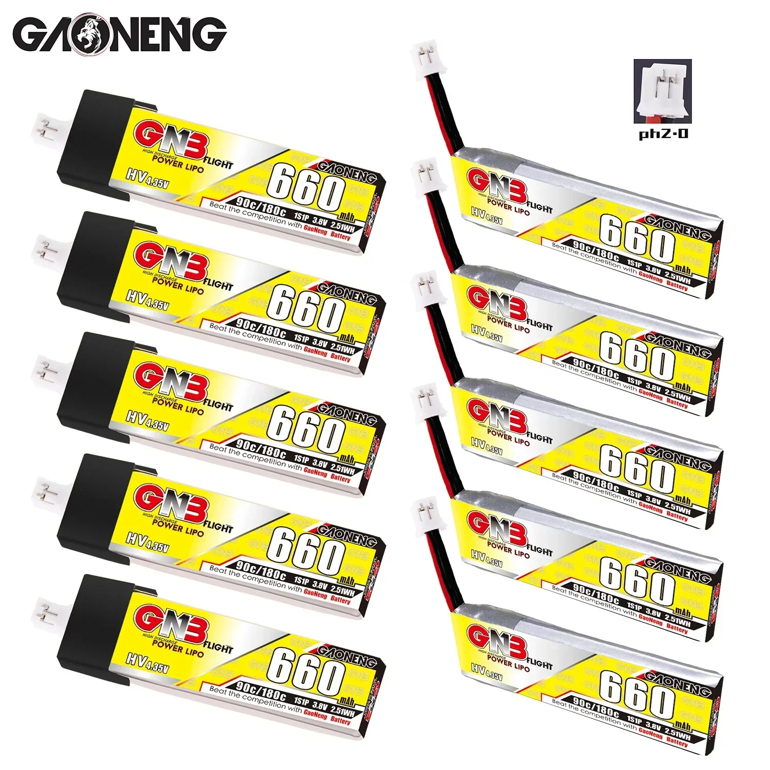

5 X GNB 3.8V 660mAh 1S 90C 4.35V HV Lipo Battery With PH2.0 Connector For FPV Whoop Drone LDARC TINY7 RC Quadcopter