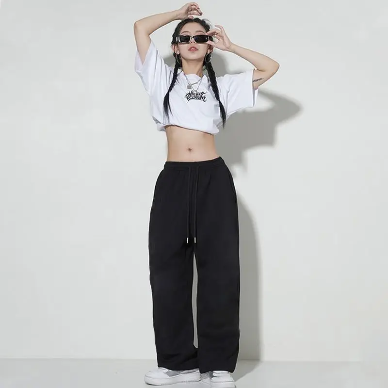 Hip Hop Vintage Women Loose Wide Leg Pants Spring Summer New Thin Letter Elastic Waist Dance Streetwear Sports Casual Trousers