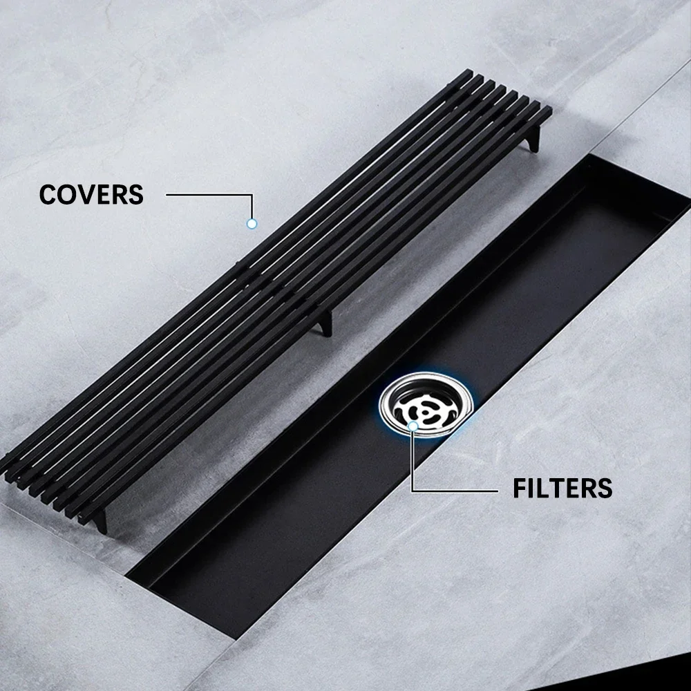 

Solid Stainless Steel Long Line Floor Drain 10-100cm Black Drainage Hardware Bathroom Balcony Floor Waste Drain
