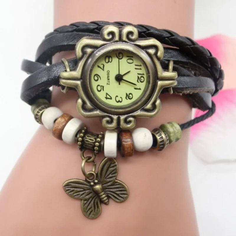 Fashion Retro Leather Strap Butterfly Pendant Women Bracelet Watch women watches