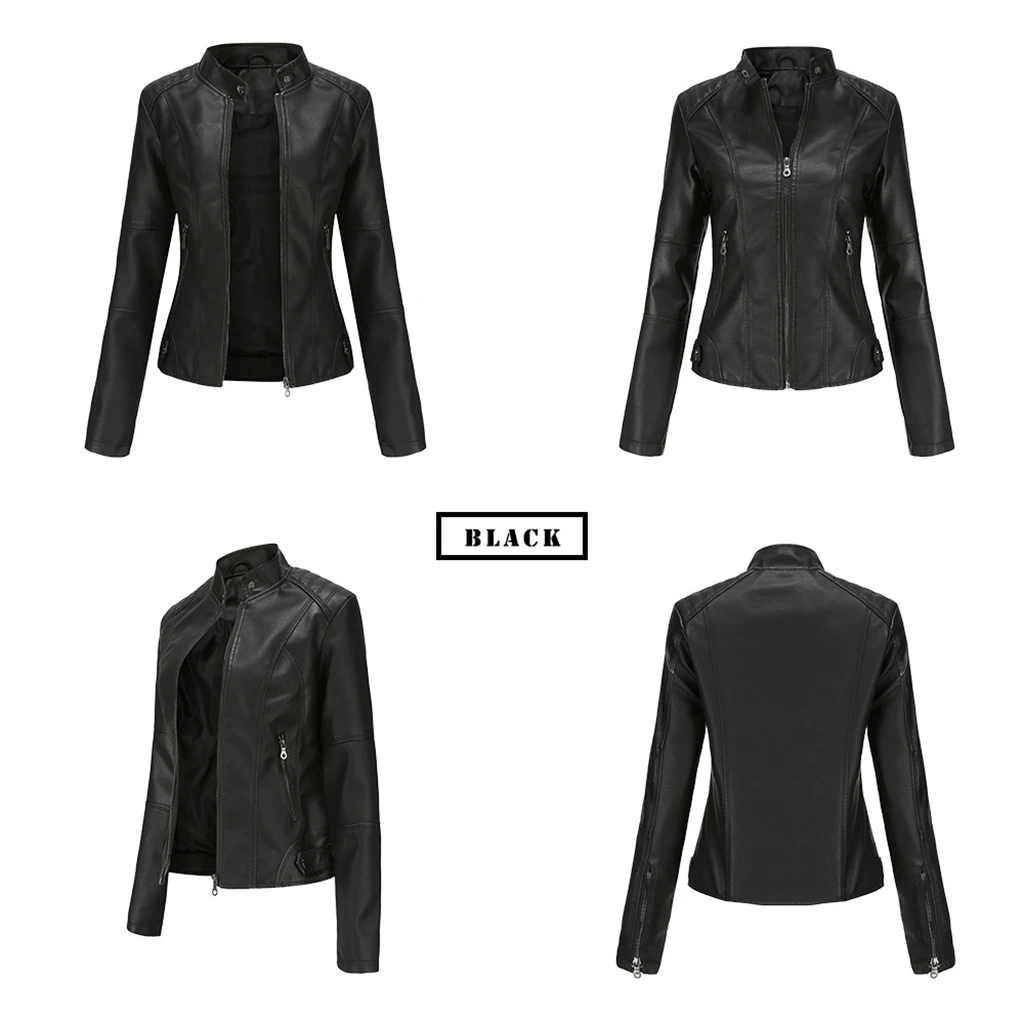 European Size Women\'s Leather Jacket Slim Fit Jacket Thin Spring and Autumn Jacket Women\'s Motorcycle Suit Large Standing Collar