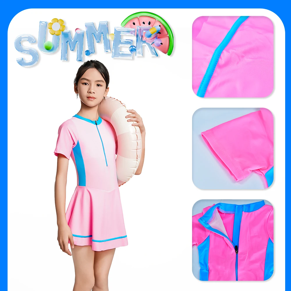 Girls One Piece Swimsuit Short Sleeve Zipper Swimwear Summer Vacation Skirt with Built-in Shorts BeachWear Rash Guard Swim Dress 4