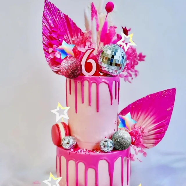 Pink Disco Ball Cake Topper Set - Mirror Balls, Stars & Cupcake Toppers For 70s/80s Disco Themed Parties