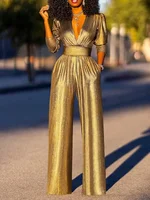 Yeezzi Women Fashion Shiny Sexy Deep V-neck Wide Leg Prom Jumpsuits 2025 New Spring Summer Solid Color High Street Outfits - Image 3