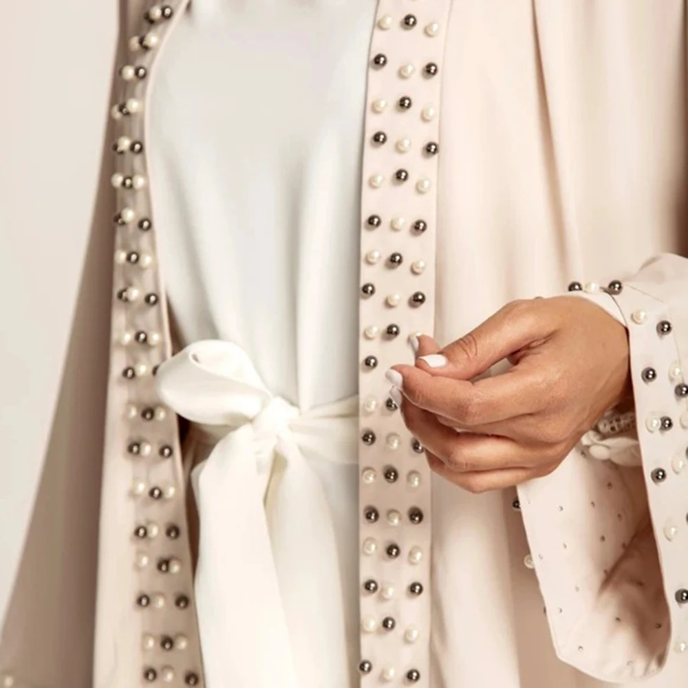 Free Shipping Arab Turkey Middle East Fashion Elegant Solid Color Beaded Muslim Lace-up Cardigan Robe