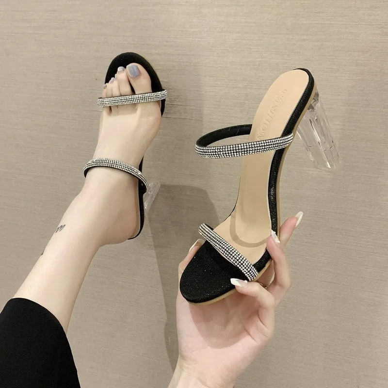

2022 Fashion Rhinestone Word Women High Heels Sexy Ladies Slippers Luxury Designer Ladies Street Beach Sandals Slippers Size 42