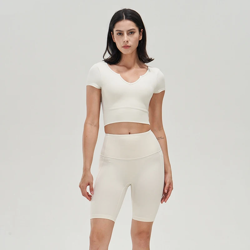 SOISOU Yoga Clothes Women Tights Sports Tops Short Sleeved Running Slim V-Neck Vest Fitness Workout Crop Top With Chest Pad
