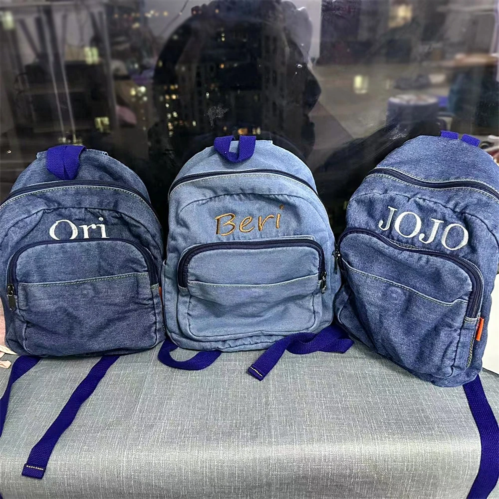 

Large Capacity Denim Backpack Custom Embroidered Name Boys Girls Travel Backpack Personalized Daily Rucksack with Any Names