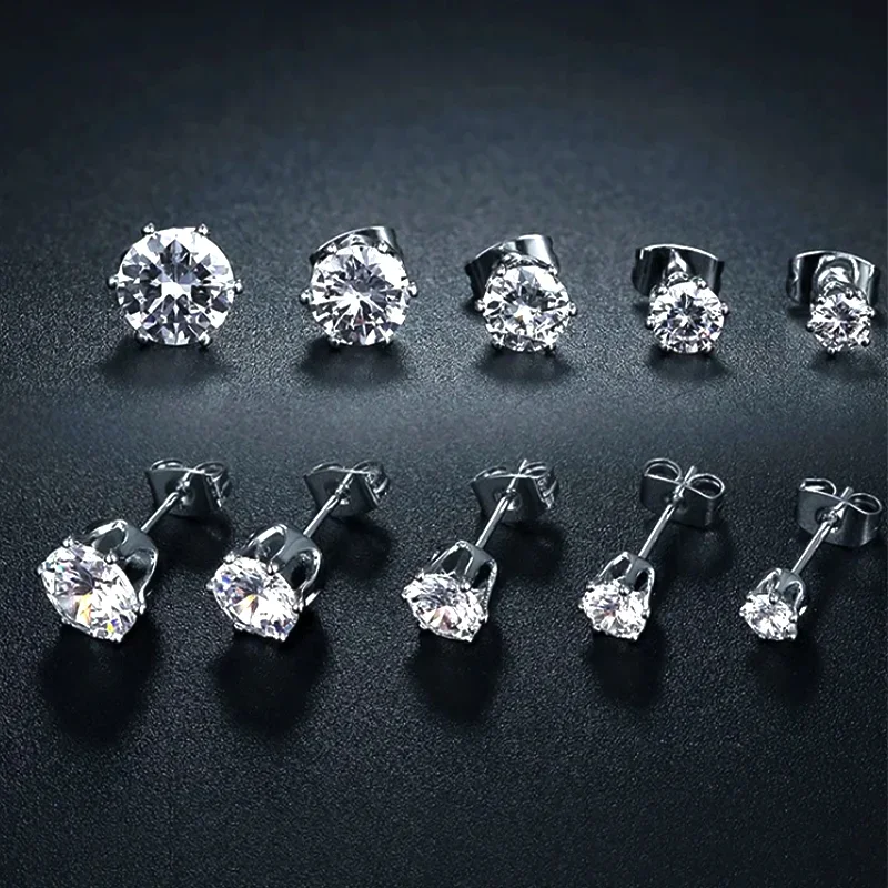 4-8mm Stud Earrings for Women Girls Men Punk Stainless Steel Stone CZ Crystal Round Black Silver Color Piercing Jewelry