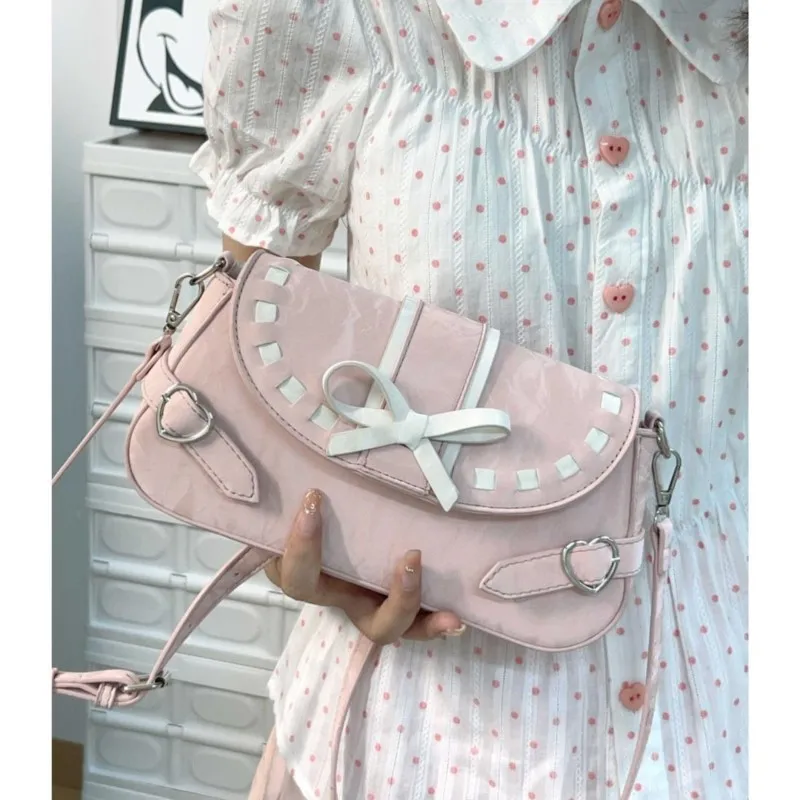JIAERDI Sweet Bow Pink Underarm Bag Women Hot Girls Leather Shoulder Crossbody Bag Female Fairycore Aesthetic Y2k Handbag New