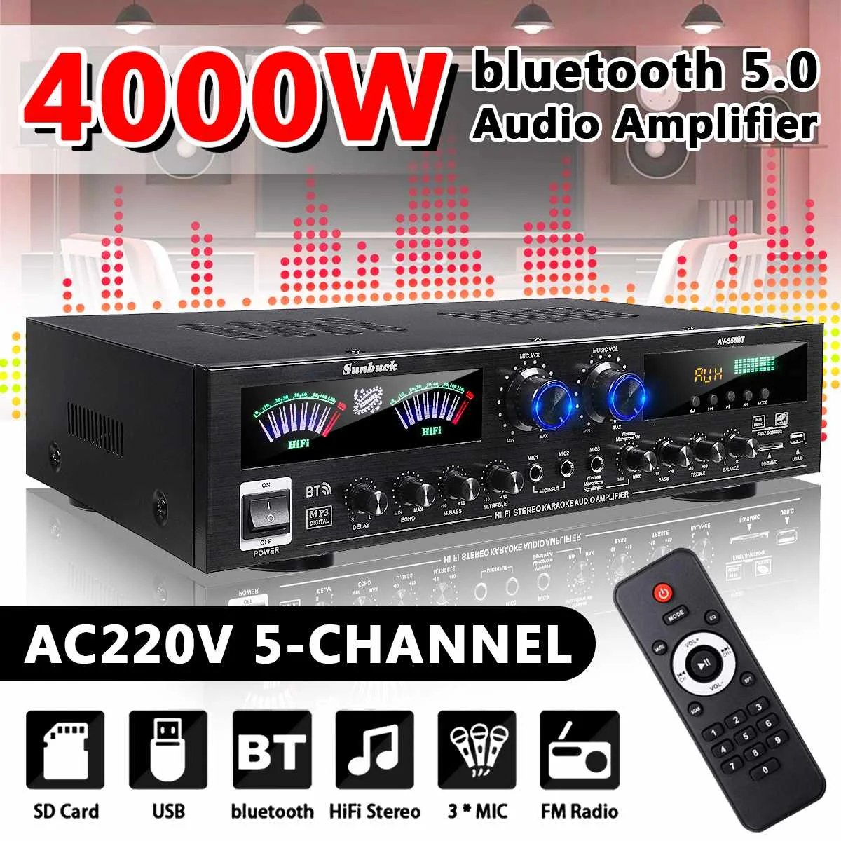 

Новинка 4000 Вт 5-канальный ЖК-дисплей усилитель домашнего кинотеатра 12 в bluetooth домашний усилитель мощности аудио стерео усилитель FM USB SD 3Mic