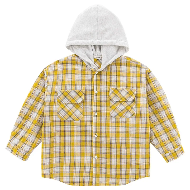 Boys Plaid Shirt with Hood Color Block Stylish Top Korean Version Cross Cultural Children's Clothing from Mainland China