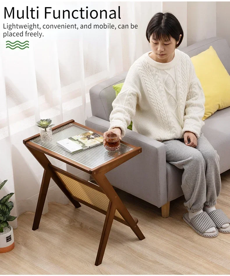 Description Picture 4 of itemZ Shaped Coffee Tables Small Side Table For Living Room Bamboo End Table With Glass Top  Magazine Rack Household Sofa Side Desk