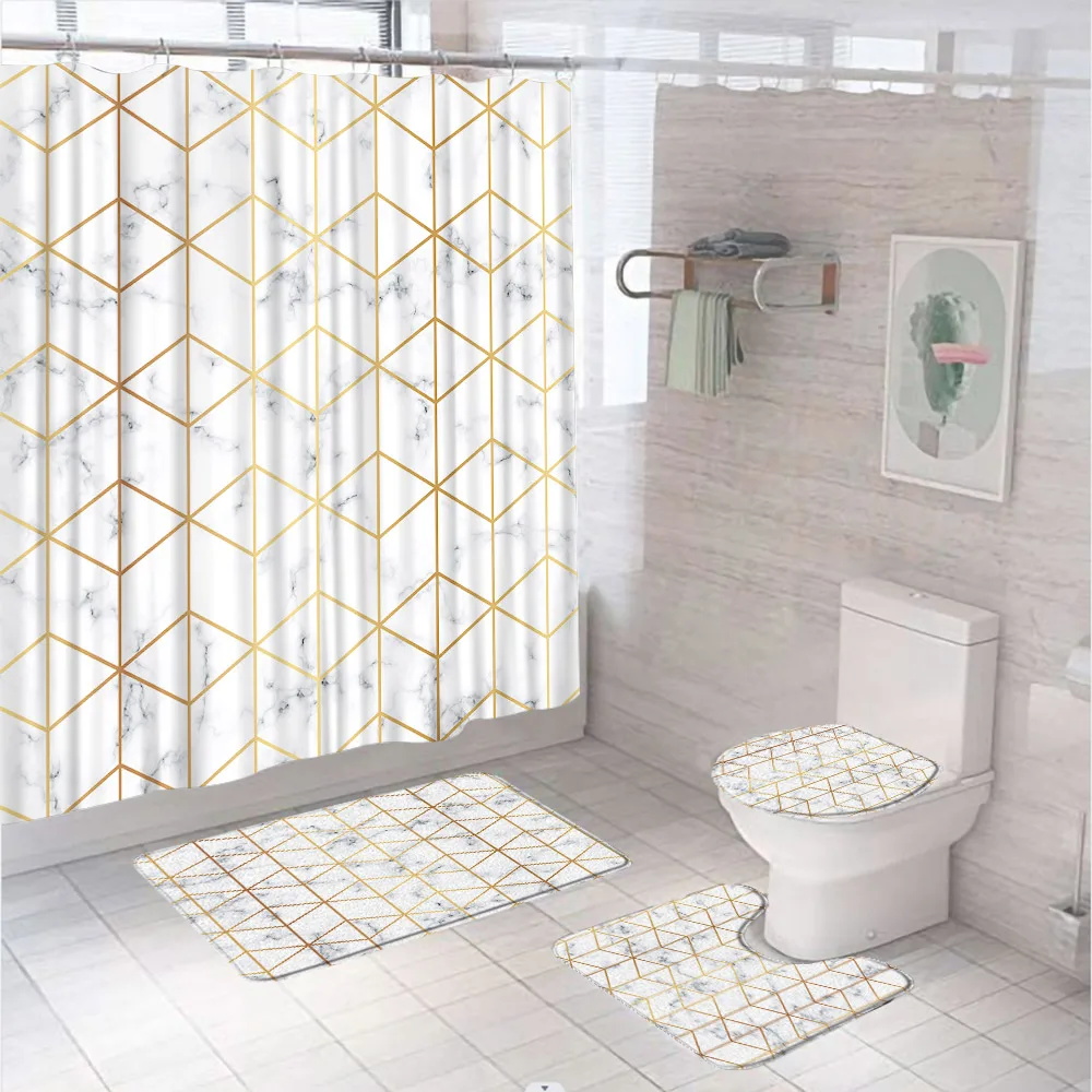 

Marble Bathroom Shower Curtain Sets Golden Geometric Lines Modern Luxury Screen Non-Slip Bath Mat Pedestal Rug Lid Toilet Cover