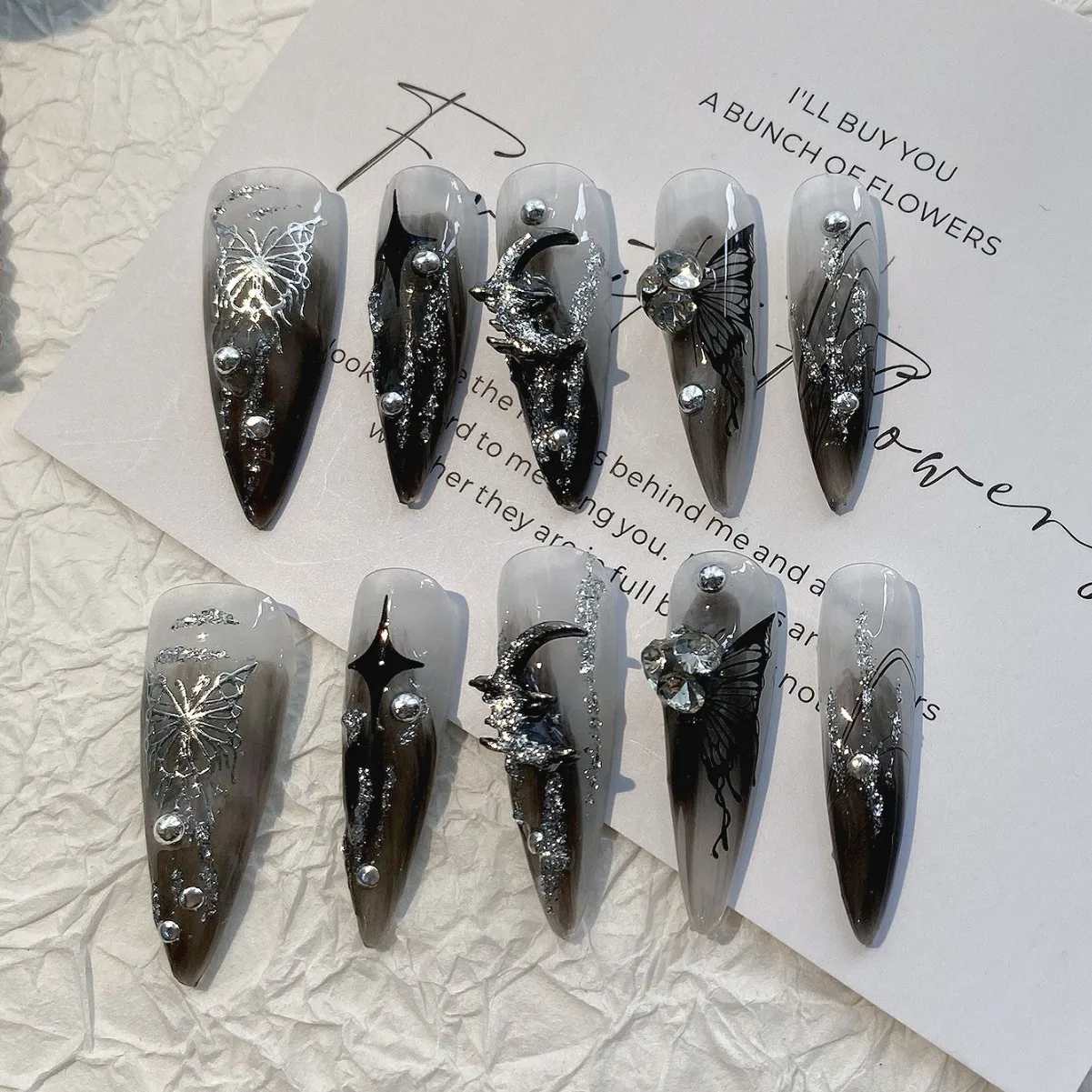 10pcs Handmade Fake nails Gothic Dark Punk style Metal Liquid Butterfly Artificial False Nail Patch Wearing Press on Nails Tips