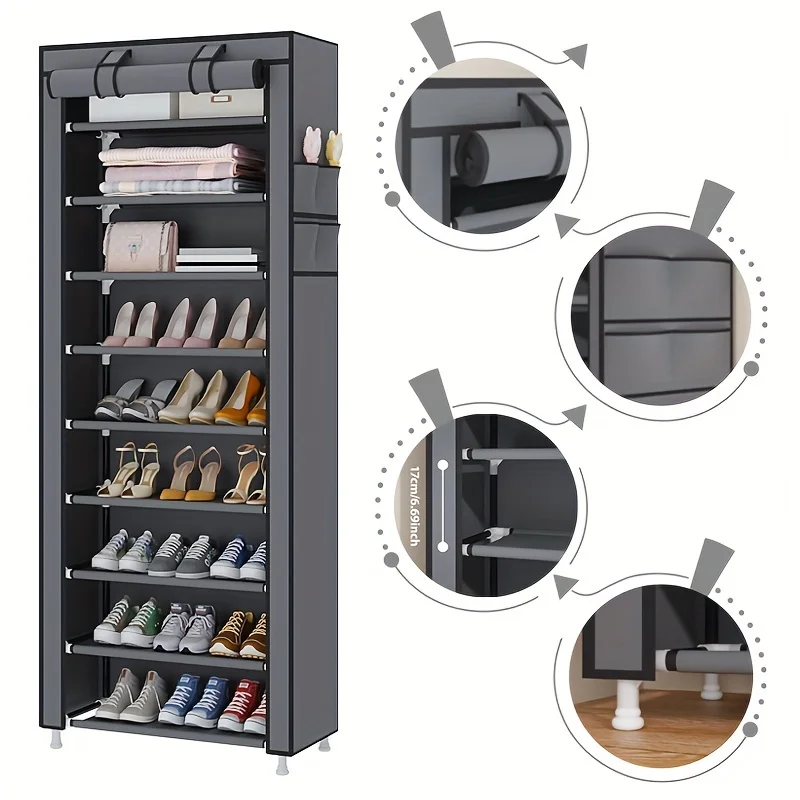 10-layer high-capacity shoe rack with dust cover, 9-compartment shoe rack, space-saving entrance shoe rack, easy to assemble 6