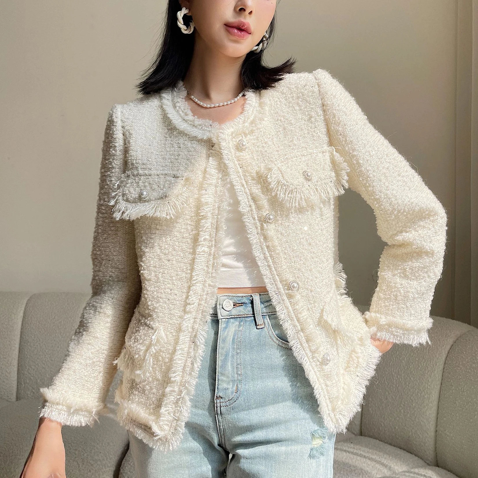 

Small Fragrance Jacket 2023 Autumn New High-end Celebrity Style Fringes Tassel Short Tweed Jackets Women's Cardigan Wool Coat