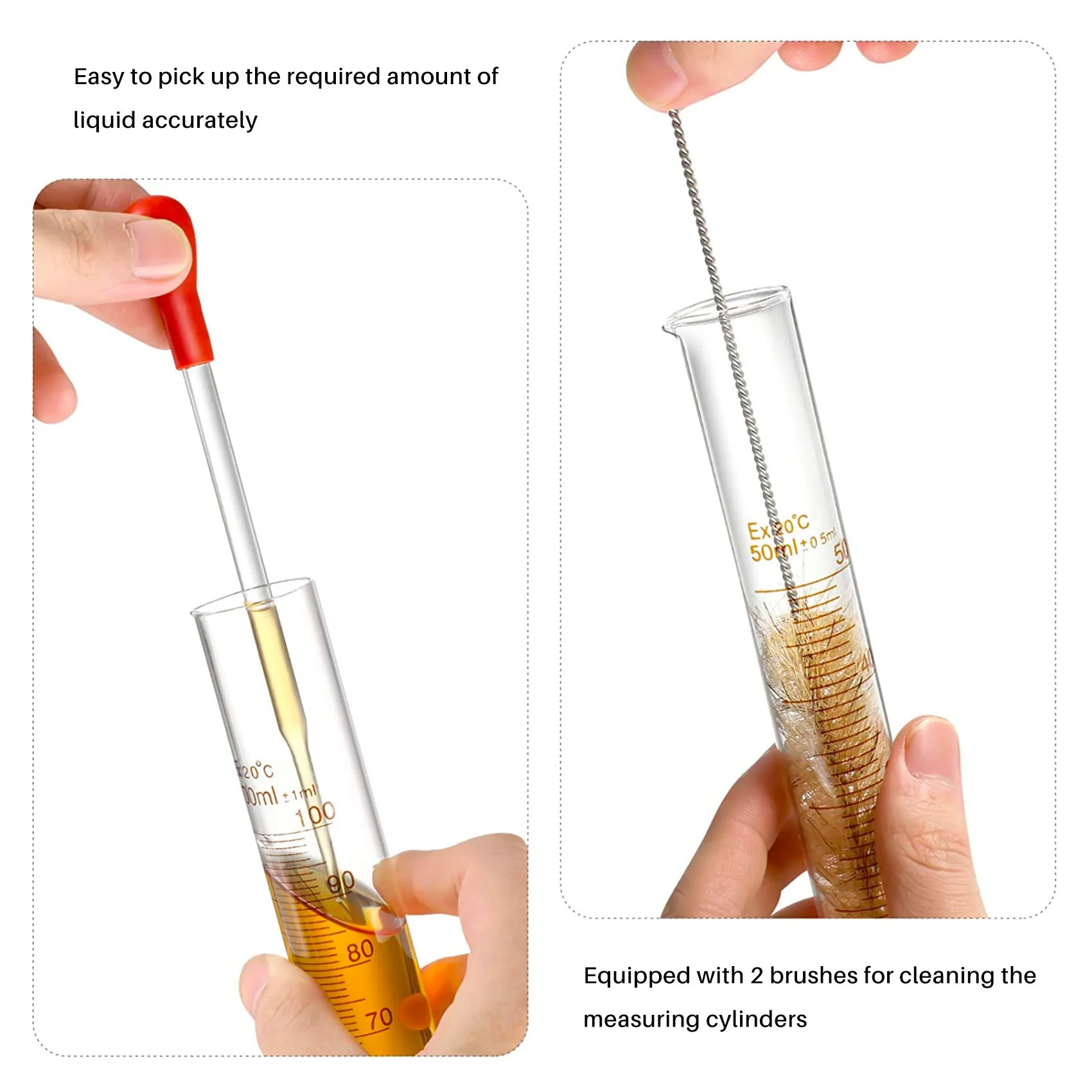 Glass Graduated Measuring Cylinders Set Premium Borosilicate Cylinders Kit 3 Pipettes + 2 Brushes + 1 Stirring Rod