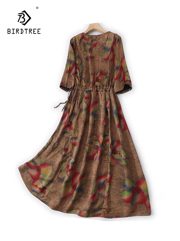 

Birdtree 100%Mulberry Silk Vintage Temperament Dress Women Gambiered Canton Gauze Mid Length A-Line Dress Autumn New D3N737QC