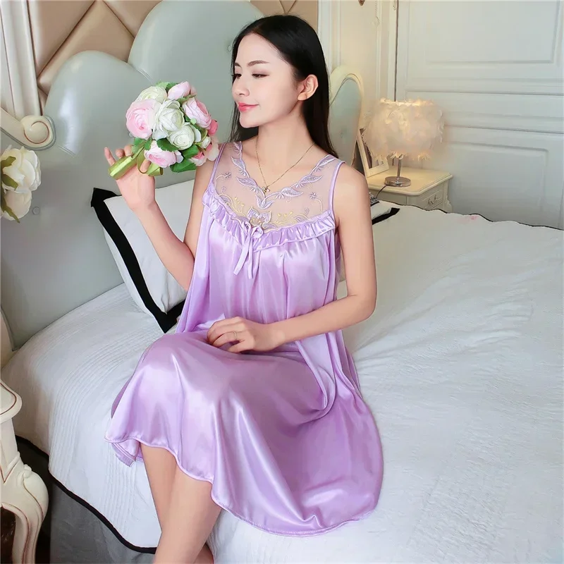 Thin Silky Slip Women's Sleepwear for Sleeping Night Dress Sexy Sleeveless Nightie Ladies Nightgown Ice Silk Home Clothing