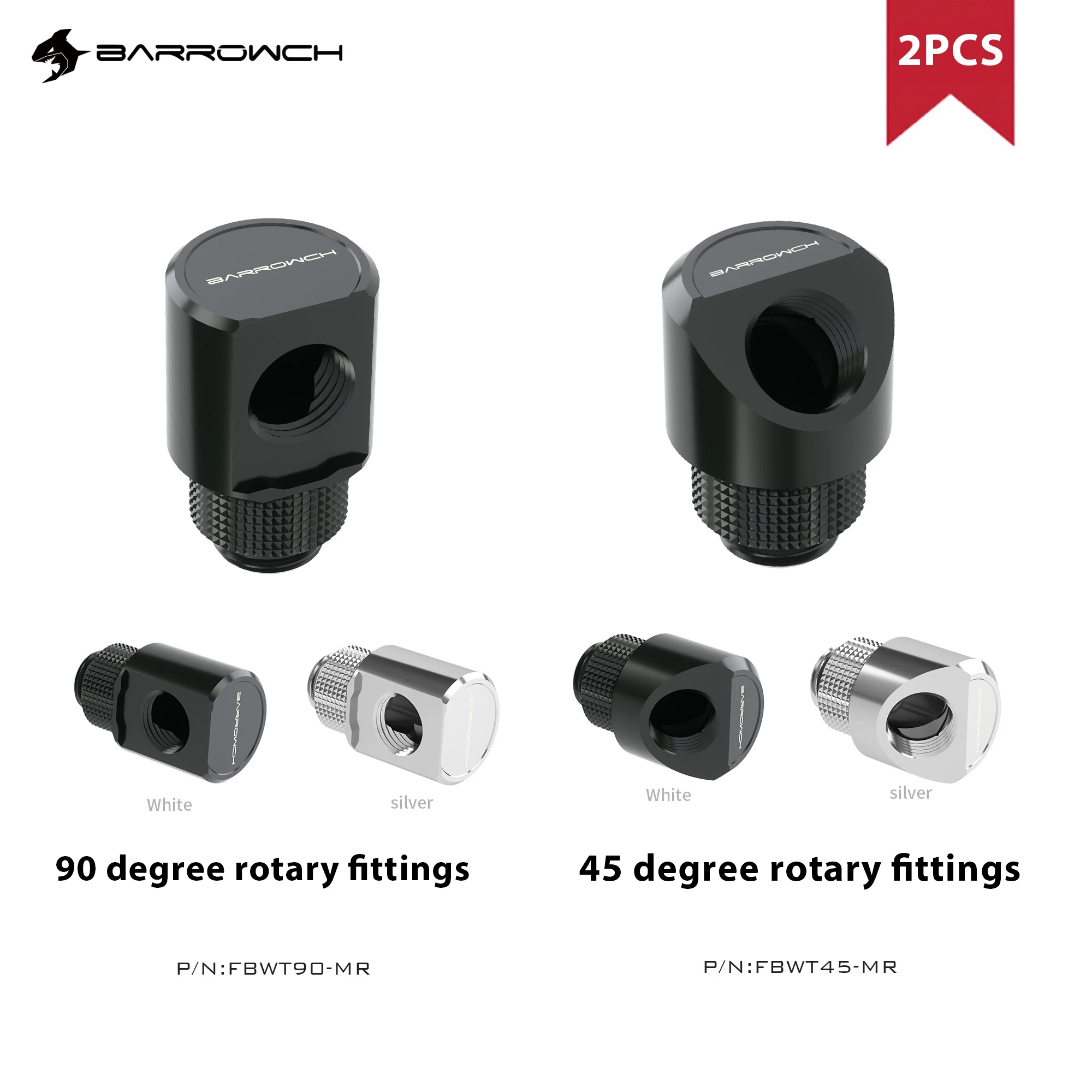 Barrowch 2pcs 45°/90° Rotary fittings Adapter \'G1/4\' thread black/silver  water cooling Adaptors Metal Male to Famale FBWT45-MR