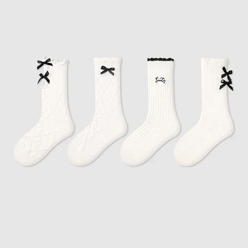 Spring 4pairs/lot Solid White Sweet Bow Girl Baby Mid Socks Children Fashion Letter Cotton Socks Kid Breathable Sport