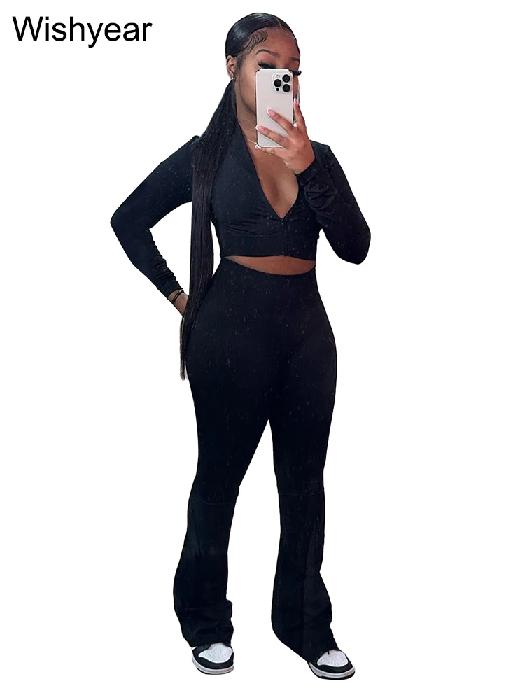 Chic Three-Piece Women's Activewear Set – Long Sleeve Crop Top, Tank, and Flare Pants