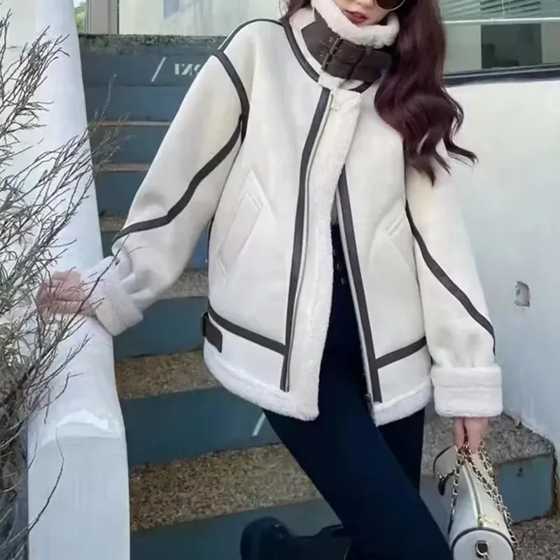 Cappotto Invernale In Pelle Di Pecora Pelliccia Sintetica Pelle Scamosciata Donna Giacca In Montone Di Agnello Caldo Cerniera Moto Biker Manica Lunga 