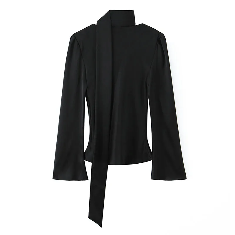 New Scarf V neck Blouse Women 2025 Women's Black Satin Elegant Long Sleeve Casual Short Shirts And Blouses Top ﻿