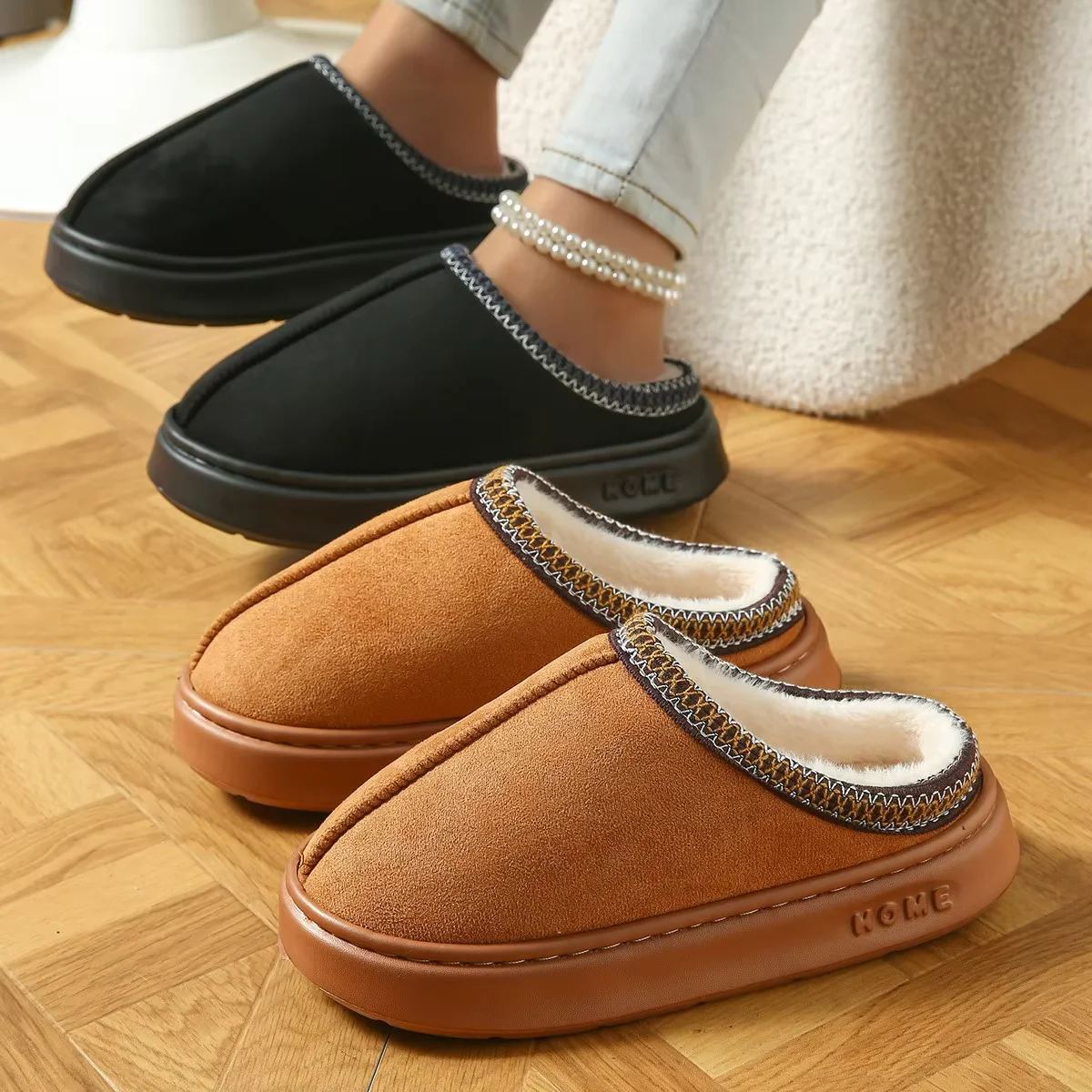 Hot Winter Women Slippers Plush Interior Anti Slip Thick Sole Fashion Embroidered Warm House Shoes for Ladies - 4