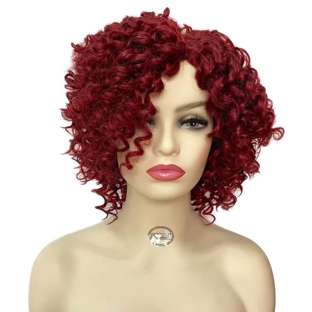 GNIMEGIL Female Afro Kinky Curly Wig Synthetic Fiber Colly Curls Wigs for Black Women Fashion Dark Brown Hair Replacement Wig Wine Red