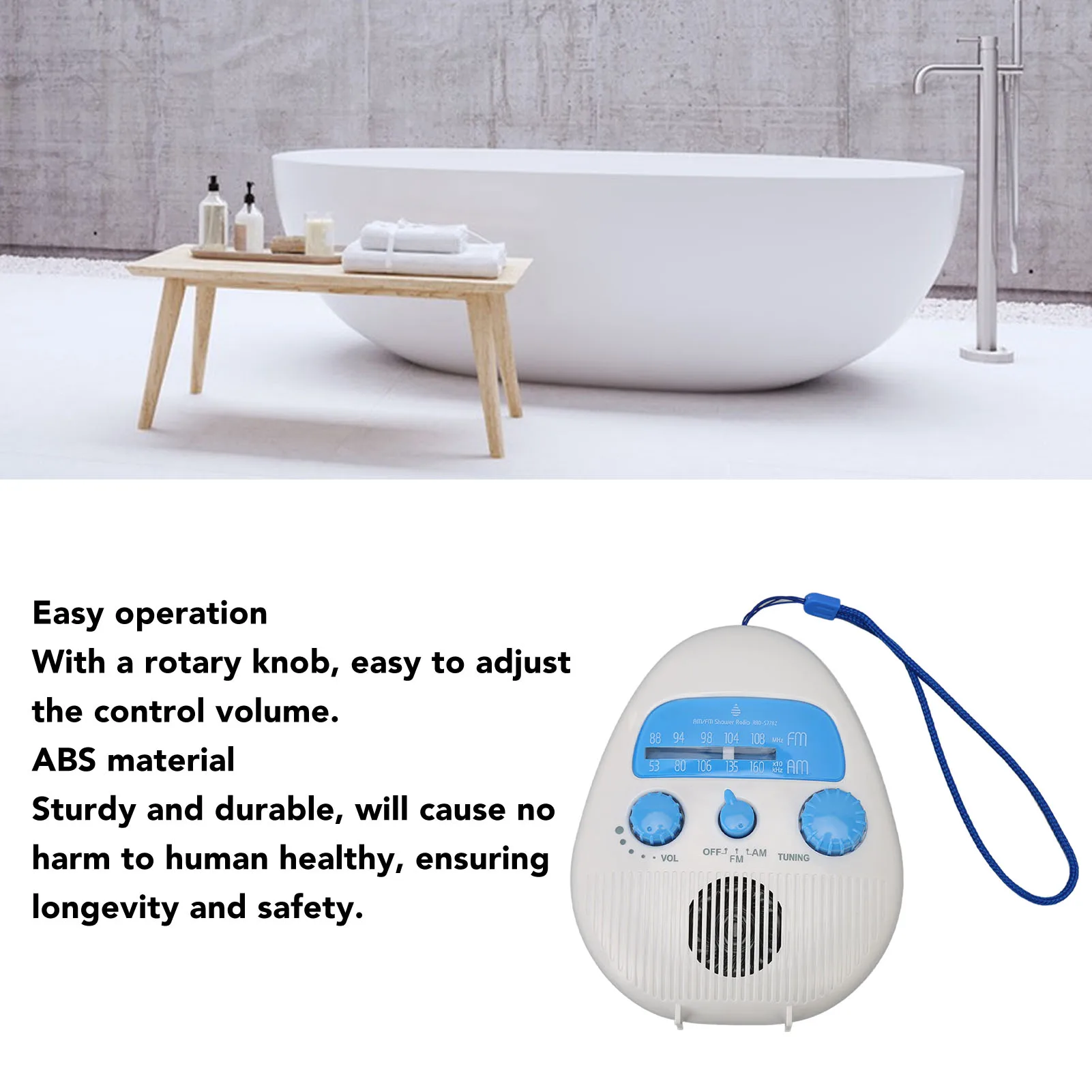 Waterproof Portable Shower Radio with Built-in Speaker, AM/FM, Battery Operated