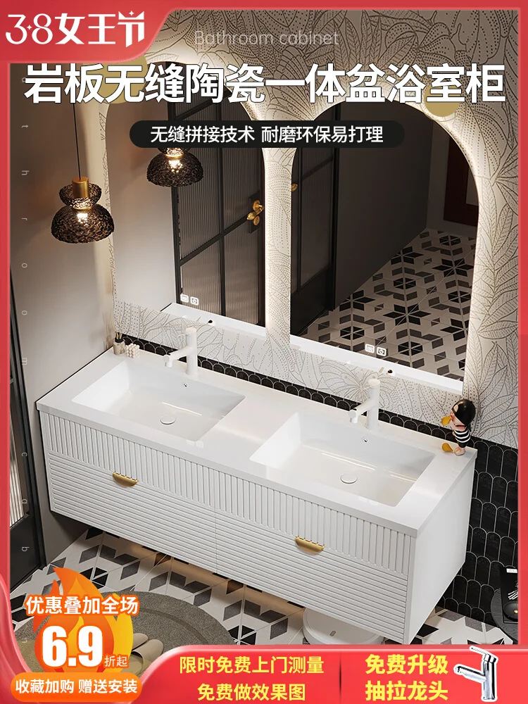

Double basin stone slab, seamless ceramic Corian integrated basin, French lacquered washbasin cabinet, bathroom cabinet