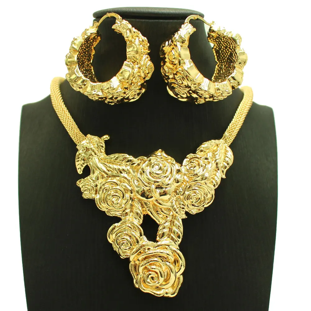

Rose Dubai Gold Plated Jewelry For Women Brazilian Fashion Necklace Earrings Set Bride Wedding Party Gift