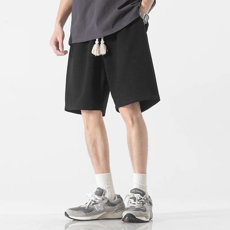 Fashion Solid Color Plaid Straight Casual Shorts Men's Clothing 2024 Summer New Loose Elastic Lace Up High Waist Knee Shorts