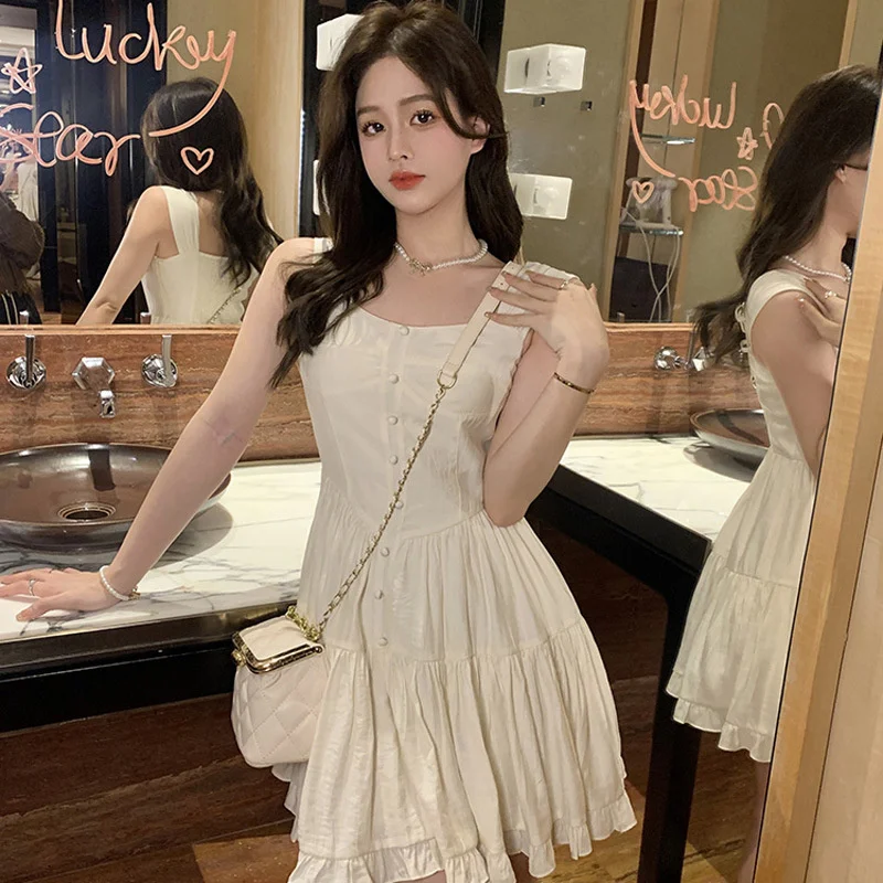Summer Aesthetic White Sweet Dress Women Korean Vintage Slip Princess Slim Waist Dresses Elegant Ruffle High Waist Skirt 4