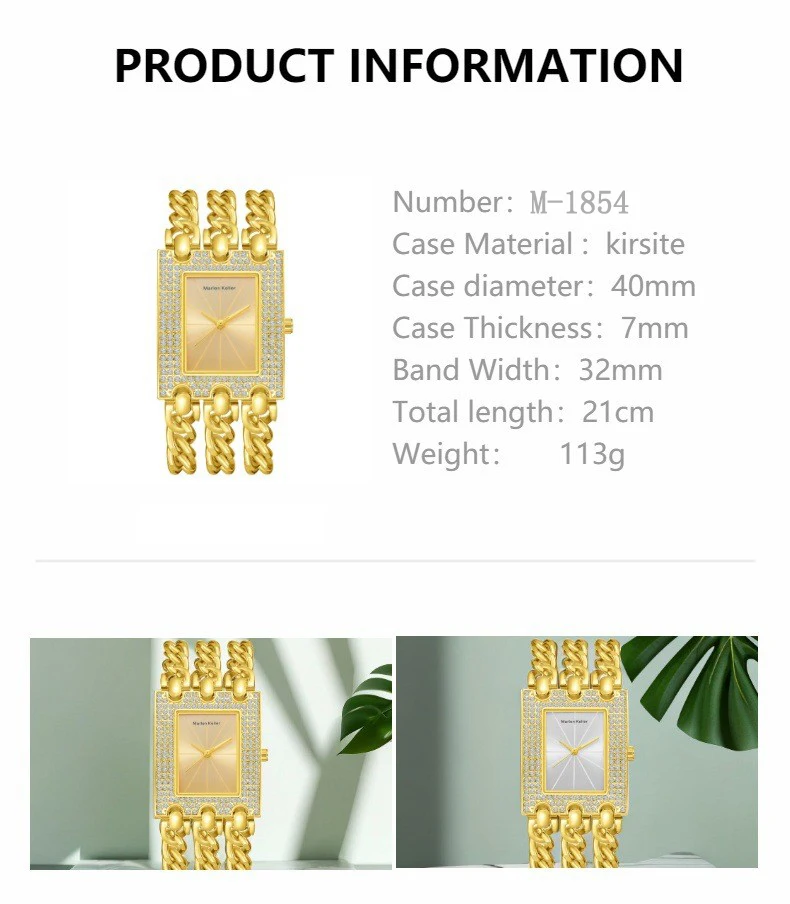 Marlen Keller Luxury Golden Quartz Watch With Rhinestone Rectangle Shape Dial Alloy Strap Quartz Wrist Watch For Ladies Fashion