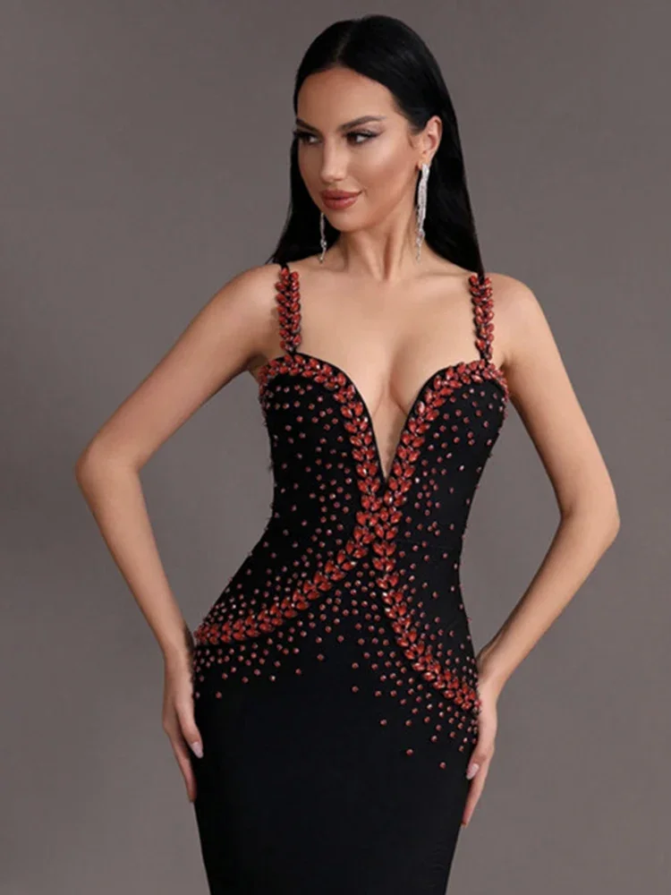 Luxury Diamond Spaghetti Strap Backless Design V-Neck Sexy Celebrity Cocktail Party Bandage Long Dress
