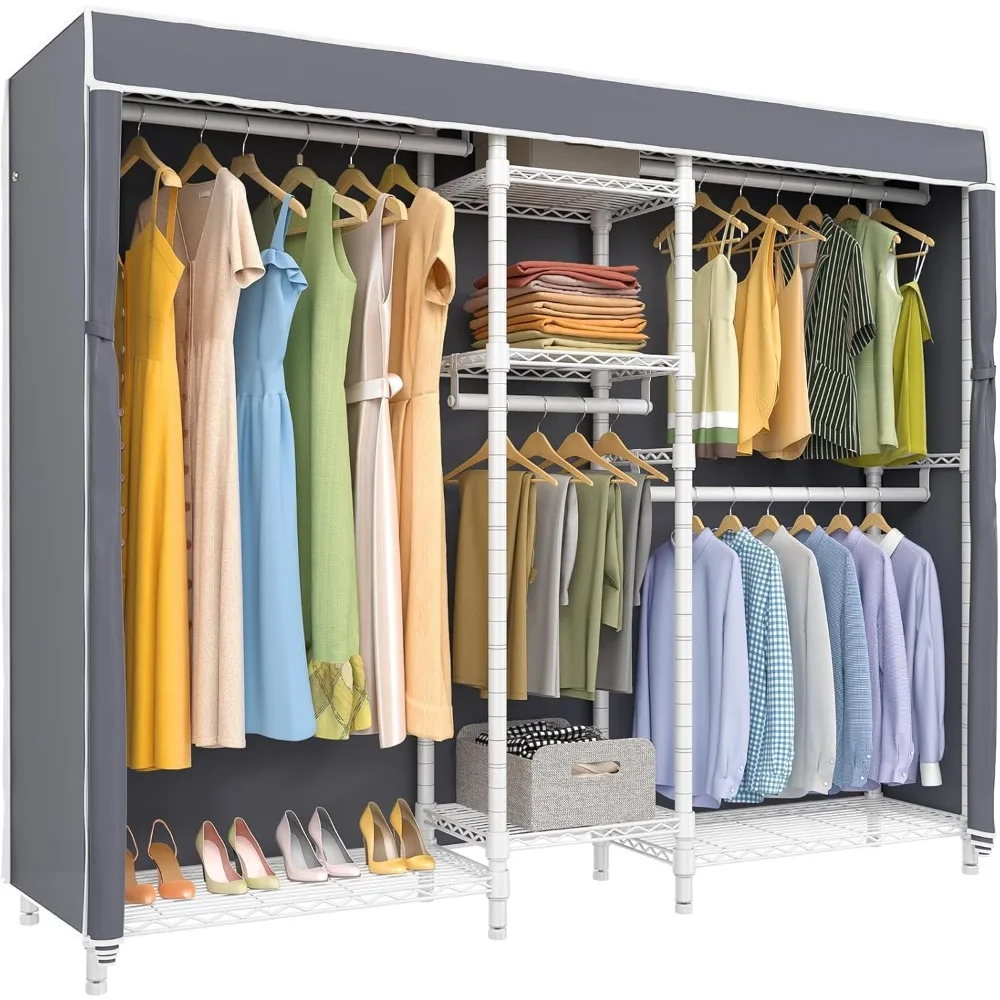 V6C Heavy Duty Covered Clothes Rack Portable Wardrobe Closet, 5 Tiers Wire Garment Rack White Metal Clothing Rack 2